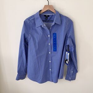 NWT Chaps Women Top Button Up Blouse Blue Striped Collar Long Sleeve Med…
